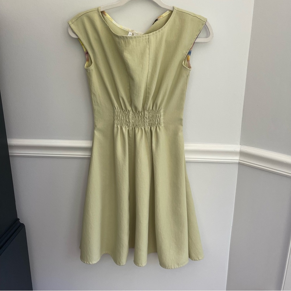 Boho Republic hand made clothing, cream colored dress, trim detail, pockets